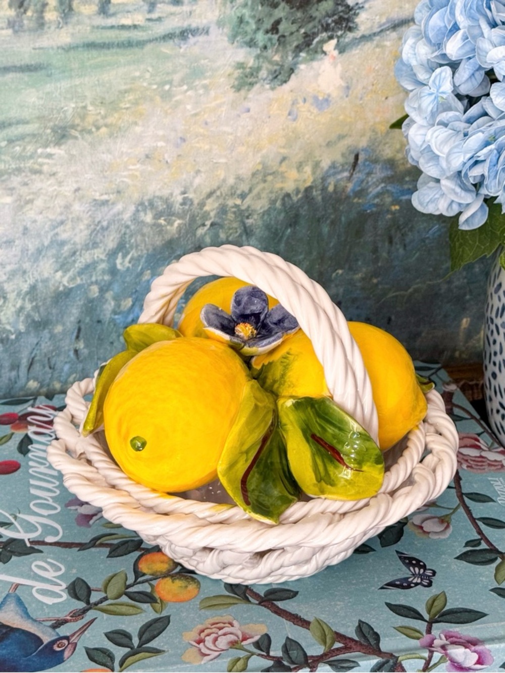 Italian Capodimonte Style Ceramic Porcelain Lemon Basket Topiary Centerpiece